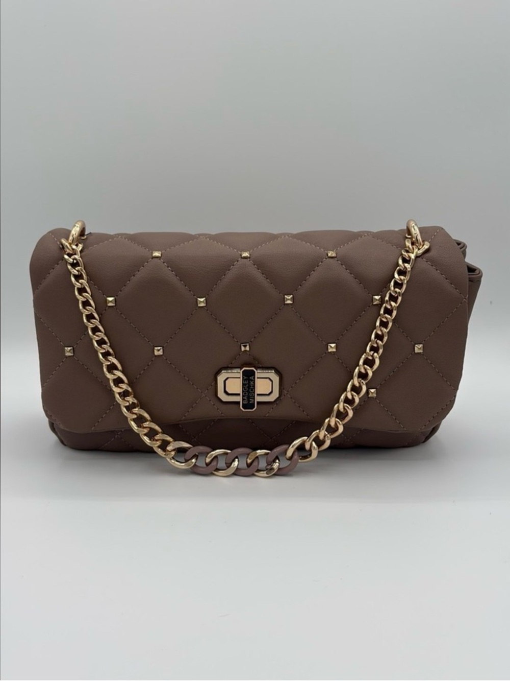 Badgley Mischka Quilted Taupe Shoulder Bag with Gold Chain